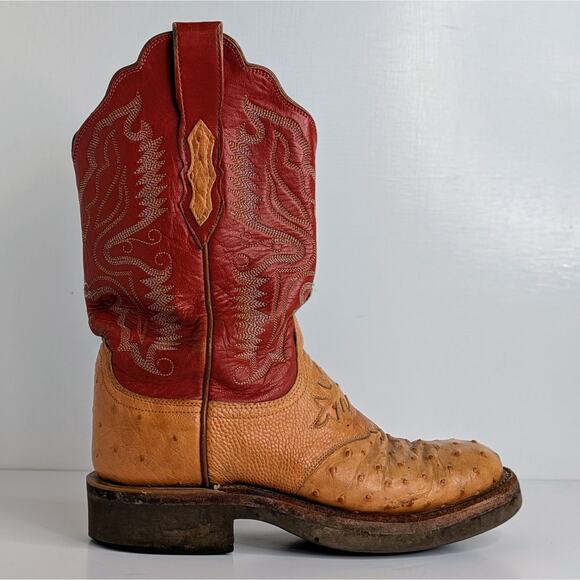 Lucchese Ostrich Goat Skin Boots 7 Red Tan Western Cowgirl Aesthetic Vintage - Picture 9 of 16